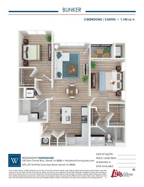 Floor plan for 2 beds, 2 baths, 1145 sqft
